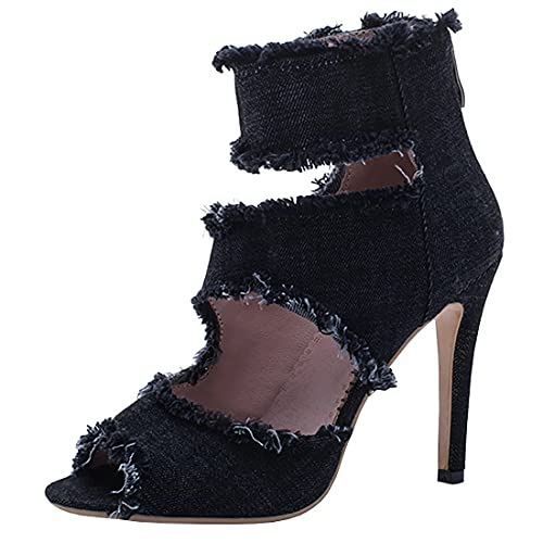 Etebella Damen Jeans High Heels Sommer Stiefeletten Peeptoe Stiletto Sandalen Cut Out Denim Sexy Schuhe (Schwarz,37) von Etebella