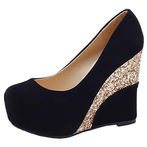 Etebella Damen Keilabsatz High Heels Geschlossen Pumps mit Plateau und Glitzer Elegante Abend Schuhe (Schwarz,40) von Etebella