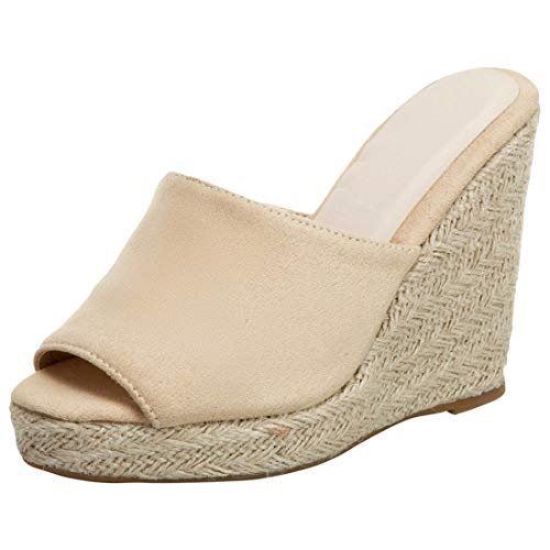Etebella Damen Keilabsatz High Heels Plateau Pantoletten Wedges Peeptoe Mules Mode Geflochten Sommer Schuhe (Beige,39) von Etebella