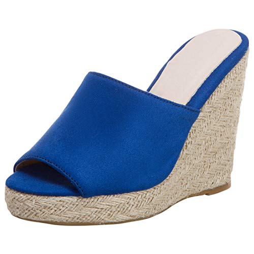 Etebella Damen Keilabsatz High Heels Plateau Pantoletten Wedges Peeptoe Mules Mode Geflochten Sommer Schuhe (Blau, Numeric_39) von Etebella