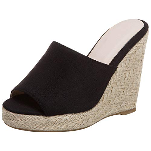 Etebella Damen Keilabsatz High Heels Plateau Pantoletten Wedges Peeptoe Mules Mode Geflochten Sommer Schuhe (Schwarz,36) von Etebella