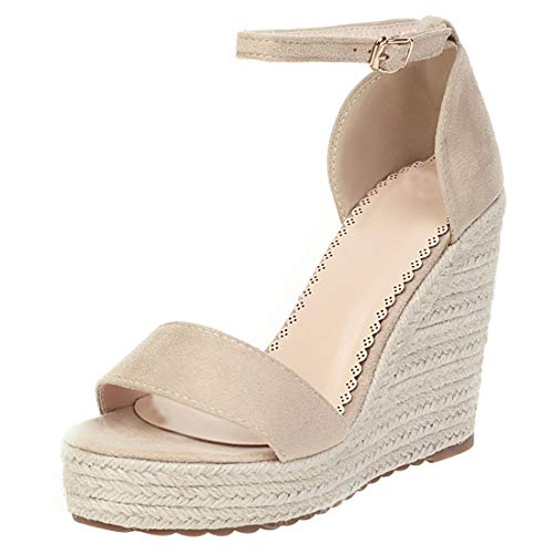 Etebella Damen Keilabsatz High Heels Plateau Sandalen Riemchenpumps Elegante Sommer Offen Schuhe (Beige,39) von Etebella