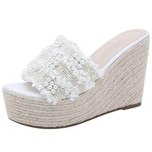 Etebella Damen Keilabsatz Plateau High Heels Pantoletten Offene Slingback Mules Geflochten Sommer Schuhe(Weiß,39) von Etebella