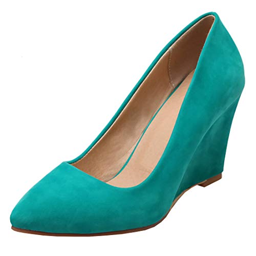 Etebella Damen Keilabsatz Pumps High Heels mit Spitze Slip-on Klassische Elegante Büro Arbeitsschuhe (Grün,39) von Etebella