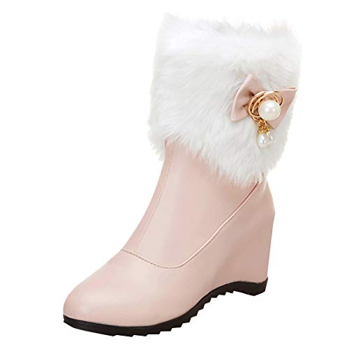 Etebella Damen Keilabsatz Stiefeletten mit Fell und Schleife High Heels Wedges Ankle Boots Rockabilly Warm Gefüttert Schuhe(Rosa,39) von Etebella