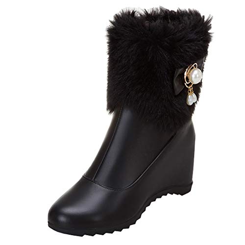 Etebella Damen Keilabsatz Stiefeletten mit Fell und Schleife High Heels Wedges Ankle Boots Rockabilly Warm Gefüttert Schuhe(Schwarz,40) von Etebella