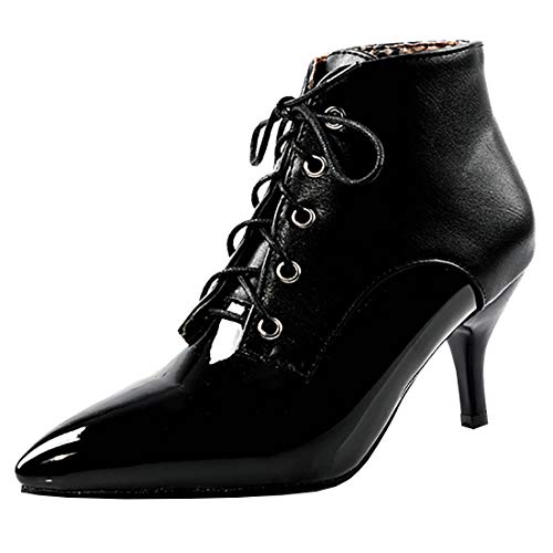 Etebella Damen Kitten Heels Stiefeletten mit Schnürung Pointed Toe Lack Ankle Boots Elegante Kleiner Absatz Schuhe(Schwarz,41) von Etebella