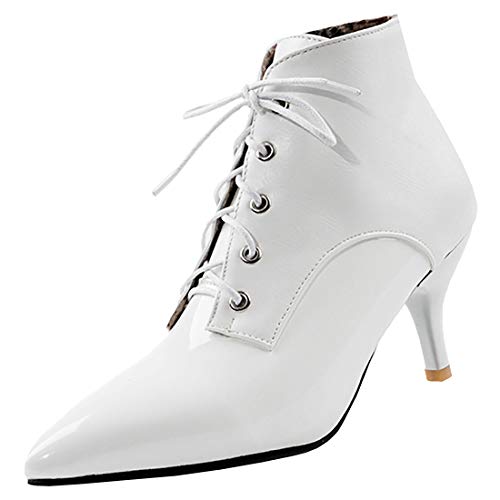 Etebella Damen Kitten Heels Stiefeletten mit Schnürung Pointed Toe Lack Ankle Boots Elegante Kleiner Absatz Schuhe(Weiß,38) von Etebella