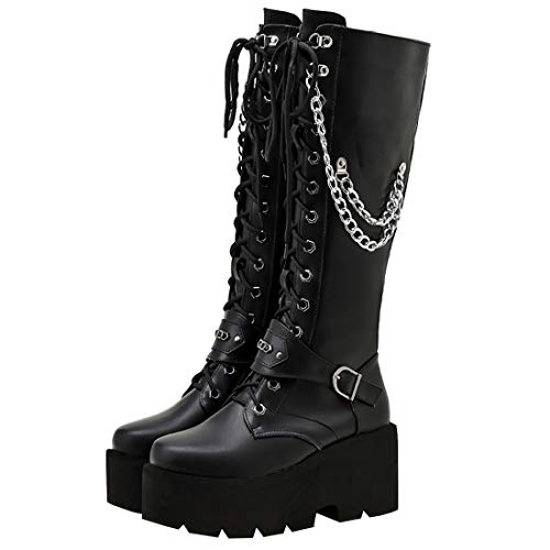 Etebella Damen Knee High Combat Boots Blockabsatz High Heels Plateau Gothic Kniestiefel Punk Kniehohe Schnürstiefel (Schwarz 1, 39) von Etebella