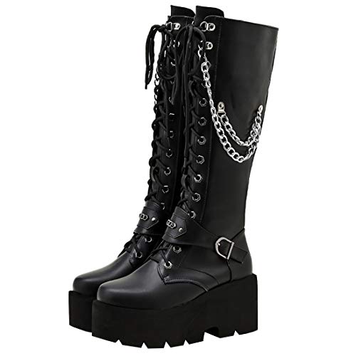 Etebella Damen Knee High Combat Boots Blockabsatz High Heels Plateau Gothic Kniestiefel Punk Kniehohe Schnürstiefel mit Kette (Schwarz 1,37) von Etebella