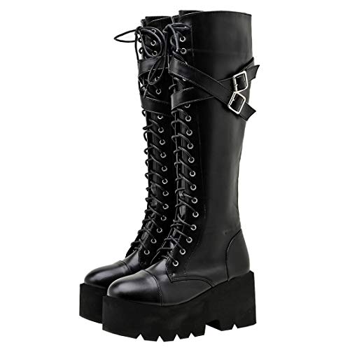 Etebella Damen Knee High Combat Boots Blockabsatz Plateau Gothic kniehohe Stiefel zum Schnüren Punk Schnalle Kniestiefel High Heels (Schwarz 3,37) von Etebella