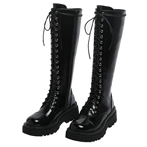 Etebella Damen Knee High Combat Boots Gothic Lack Kniehohe Stiefel zum Schnüren Flache Kniehoch stiefel Moderne Schuhe (Schwarz, numeric_38) von Etebella