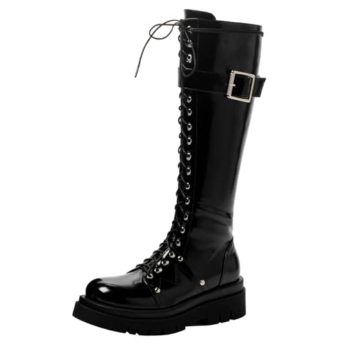 Etebella Damen Knee High Combat Boots Gothic Lack Kniehohe Stiefel zum Schnüren Flache Kniehoch stiefel Punk Schuhe(Schwarz,41) von Etebella