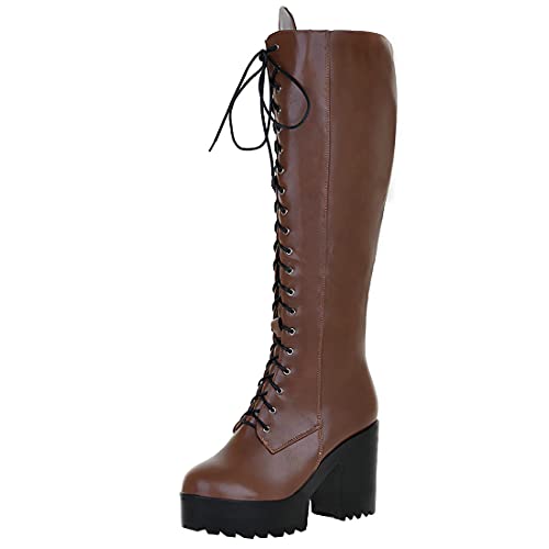 Etebella Damen Kniestiefel High Heels mit Blockabsatz Kniehohe Stiefel zum Schnüren Gothic Plateau Boots Winter Schuhe (Braun,37) von Etebella