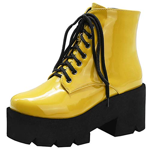 Etebella Damen Lack Gothic Plateau Stiefeletten High Heels Blockabsatz Ankle Boots zum Schnüren Moderne Punk Schuhe (Gelb,36) von Etebella