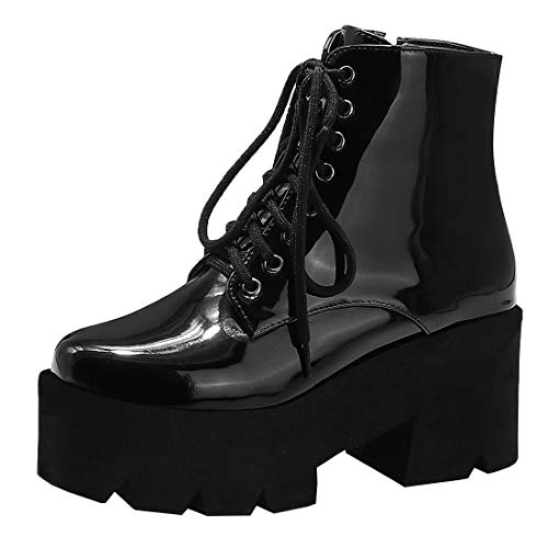 Etebella Damen Lack Gothic Plateau Stiefeletten High Heels Blockabsatz Ankle Boots zum Schnüren Moderne Punk Schuhe (Schwarz,41) von Etebella