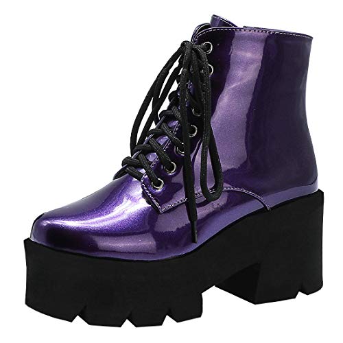 Etebella Damen Lack Gothic Plateau Stiefeletten High Heels Blockabsatz Ankle Boots zum Schnüren Moderne Punk Schuhe (Violett,36) von Etebella