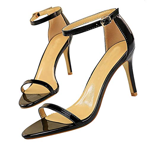 Etebella Damen Lack High Heels Riemchen Sandalen Pfennigabsatz Sandaletten Offen Hochhackige Abendschuhe (Schwarz,37) von Etebella