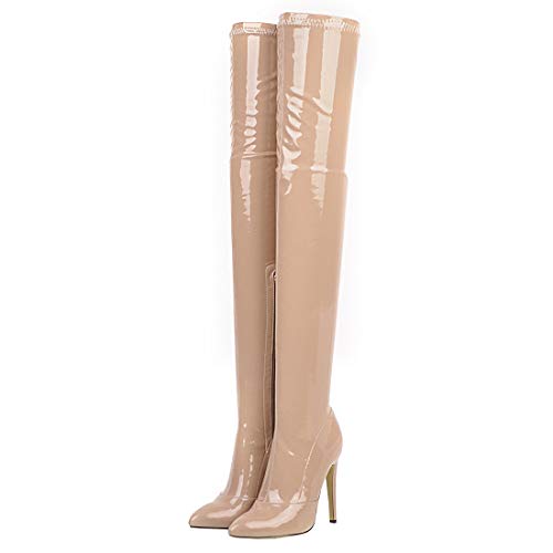 Etebella Damen Lack Overknee Stiefel Stiletto High Heels Spitz Thigh Boots mit Reißverschluss Sexy Party Schuhe (Aprikose,38) von Etebella