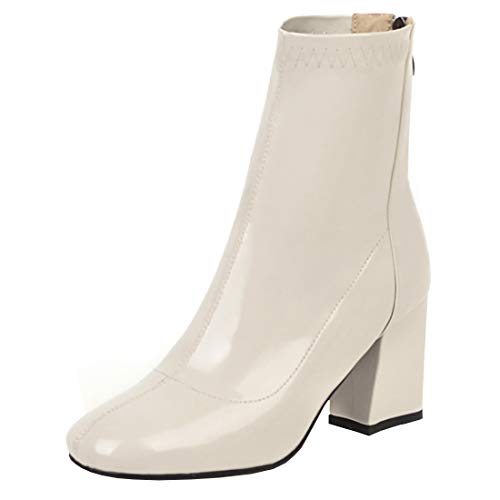 Etebella Damen Lack Stiefeletten High Heels mit Reißverschluss Hinten Blockabsatz Ankle Boots Elegante Square Toe Schuhe (Beige,37) von Etebella