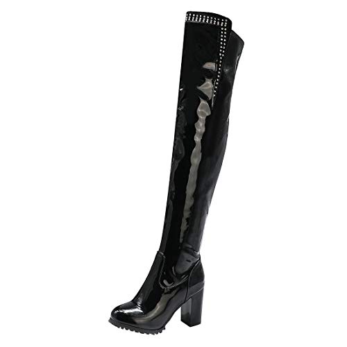 Etebella Damen Lackstiefel Overknee Blockabsatz High Heels Thigh Boots mit Strass und Reißverschluss Moderne Winterschuhe(Schwarz,42) von Etebella