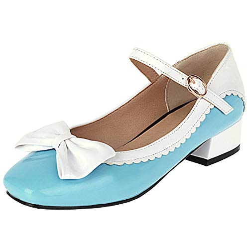 Etebella Damen Mary Jane Blockabsatz Pumps Lack mit Riemchen und Schleife Rockabilly Schuhe(Blau,37) von Etebella