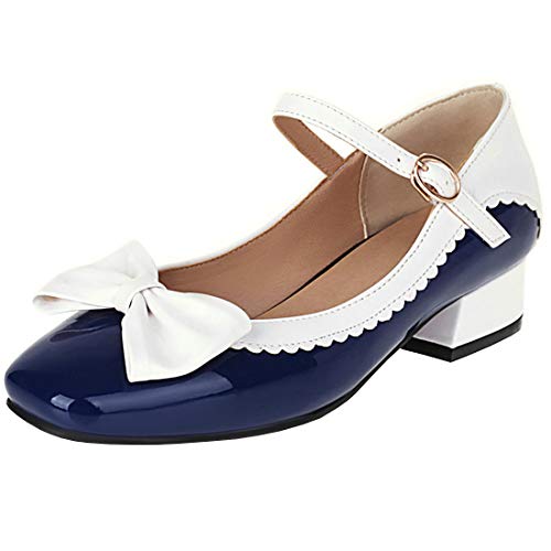 Etebella Damen Mary Jane Blockabsatz Pumps Lack mit Riemchen und Schleife Rockabilly Schuhe(Navy Blau,35) von Etebella