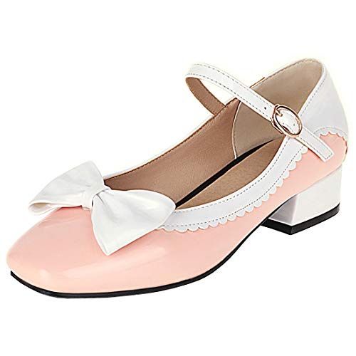 Etebella Damen Mary Jane Blockabsatz Pumps Lack mit Riemchen und Schleife Rockabilly Schuhe (Rosa,38) von Etebella