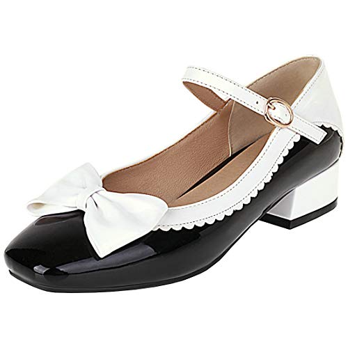 Etebella Damen Mary Jane Blockabsatz Pumps Lack mit Riemchen und Schleife Rockabilly Schuhe (Schwarz,37) von Etebella