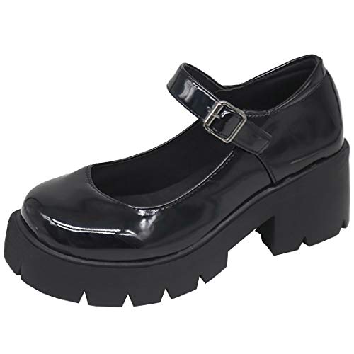 Etebella Damen Mary Jane Gothic Halbschuhe Blockabsatz Riemchen Plateau Pumps Vintage Lack Uniform Schuhe(Schwarz Lack,39) von Etebella