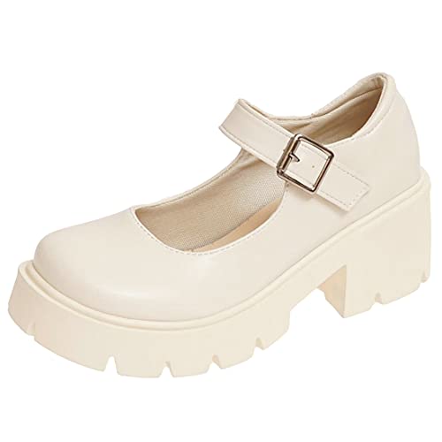 Etebella Damen Mary Jane Gothic Halbschuhe Blockabsatz Riemchen Plateau Pumps Vintage Uniform Schuhe(Beige,38) von Etebella