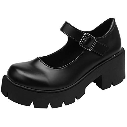 Etebella Damen Mary Jane Gothic Halbschuhe Blockabsatz Riemchen Pumps mit Plateau Uniform Schuhe (Schwarz Pu,41) von Etebella