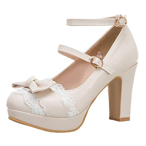 Etebella Damen Mary Jane High Heels Blockabsatz Pumps mit Riemchen und Plateau Rockabilly Schleife Schuhe (Beige,34) von Etebella