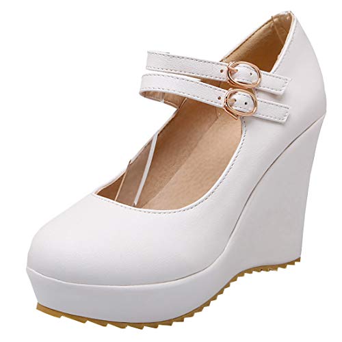 Etebella Damen Mary Jane High Heels Keilabsatz Pumps mit Riemchen und Plateau Rockabilly Wedges Schnallen Schuhe(Weiß,39) von Etebella