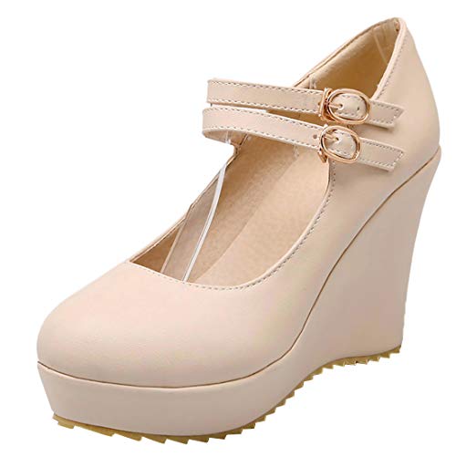 Etebella Damen Mary Jane High Heels Keilabsatz Pumps mit Riemchen und Plateau Rockabilly Wedges Schnallen Schuhe (Beige,38) von Etebella