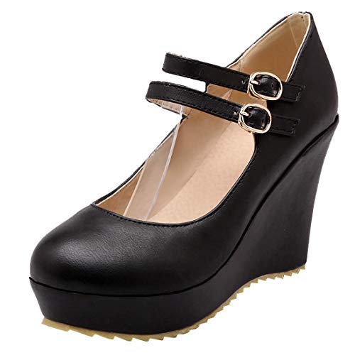 Etebella Damen Mary Jane High Heels Keilabsatz Pumps mit Riemchen und Plateau Rockabilly Wedges Schnallen Schuhe (Schwarz,39) von Etebella