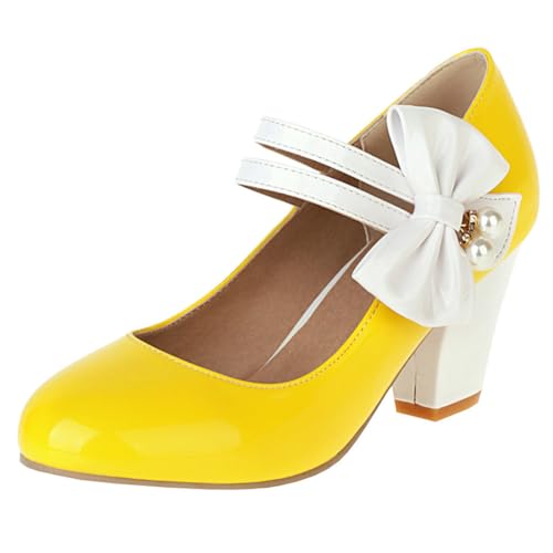 Etebella Damen Mary Jane High Heels Lack Pumps mit Blockabsatz und Schleife Rockabilly Vintage Schuhe(Gelb,40) von Etebella