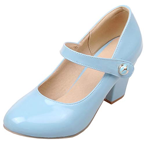 Etebella Damen Mary Jane High Heels Pumps mit Blockabsatz und Klettverschluss Rockabilly Lack Schuhe(Blau,38) von Etebella