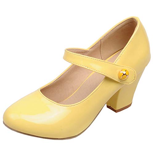 Etebella Damen Mary Jane High Heels Pumps mit Blockabsatz und Klettverschluss Rockabilly Lack Schuhe(Gelb,37) von Etebella