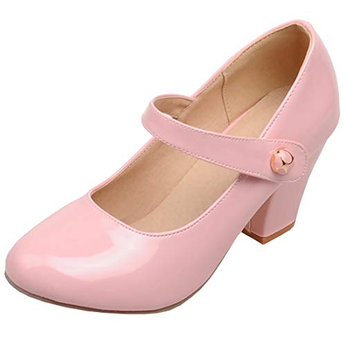 Etebella Damen Mary Jane High Heels Pumps mit Blockabsatz und Klettverschluss Rockabilly Lack Schuhe(Rosa,35) von Etebella