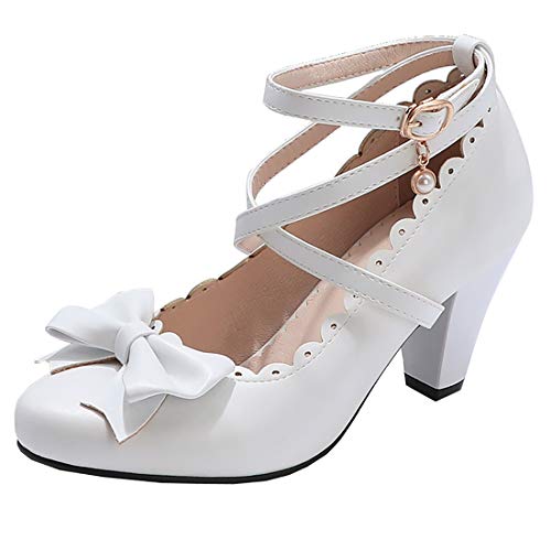 Etebella Damen Mary Jane High Heels Pumps mit Riemchen und Blockabsatz Rockabilly Schleife Schuhe(Weiß,39) von Etebella