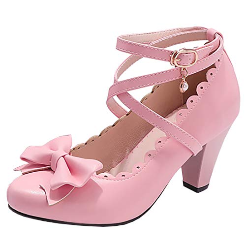 Etebella Damen Mary Jane High Heels Pumps mit Riemchen und Blockabsatz Rockabilly Schleife Schuhe (Rosa,39) von Etebella