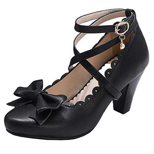 Etebella Damen Mary Jane High Heels Pumps mit Riemchen und Blockabsatz Rockabilly Schleife Schuhe (Schwarz,40) von Etebella