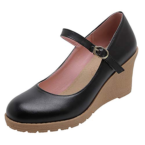 Etebella Damen Mary Jane Keilabsatz Pumps High Heels mit Riemchen und Plateau Wedges Geschlossen Schuhe (Schwarz,39) von Etebella