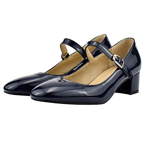 Etebella Damen Mary Jane Lack Pumps mit Blockabsatz und Riemchen 4cm Absatz Komfortschuhe (Blau,34) von Etebella