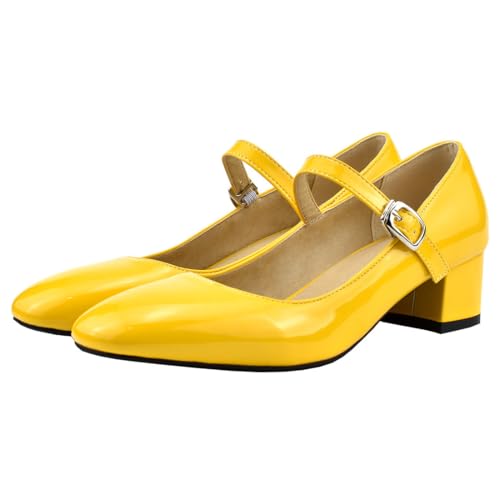 Etebella Damen Mary Jane Lack Pumps mit Blockabsatz und Riemchen 4cm Absatz Komfortschuhe (Gelb,39) von Etebella