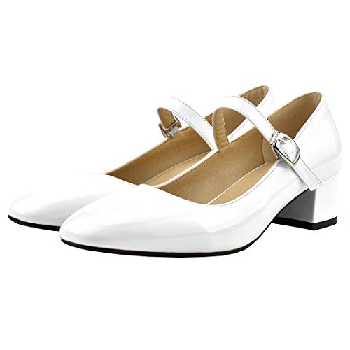 Etebella Damen Mary Jane Lack Pumps mit Blockabsatz und Riemchen 4cm Absatz Komfortschuhe (Weiß,37) von Etebella
