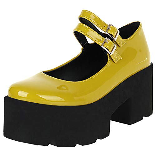 Etebella Damen Mary Jane Plateau Gothic High Heels Pumps mit Blockabsatz und Riemchen Lack Schuhe(Gelb,40) von Etebella