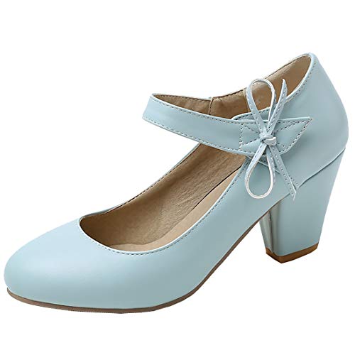 Etebella Damen Mary Jane Pumps High Heles Blockabsatz mit Klettverschluss und Schleife Rockabilly Schuhe (Blau,38) von Etebella