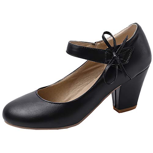 Etebella Damen Mary Jane Pumps High Heles Blockabsatz mit Klettverschluss und Schleife Rockabilly Schuhe (Schwarz,41) von Etebella